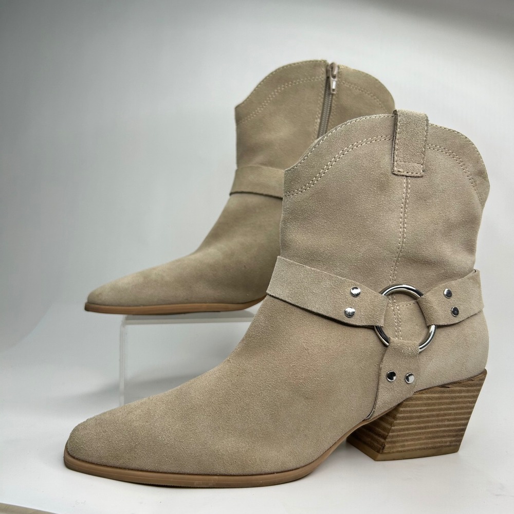 Open Edit Womens Tan Suede Western Harness Ankle Boots Pointed Toe Size 9M